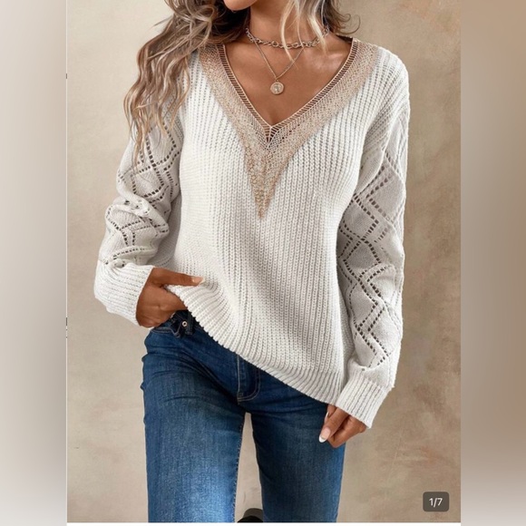 SHEIN Sweaters - SHEIN Cream and Tan V-Neck Sweater
